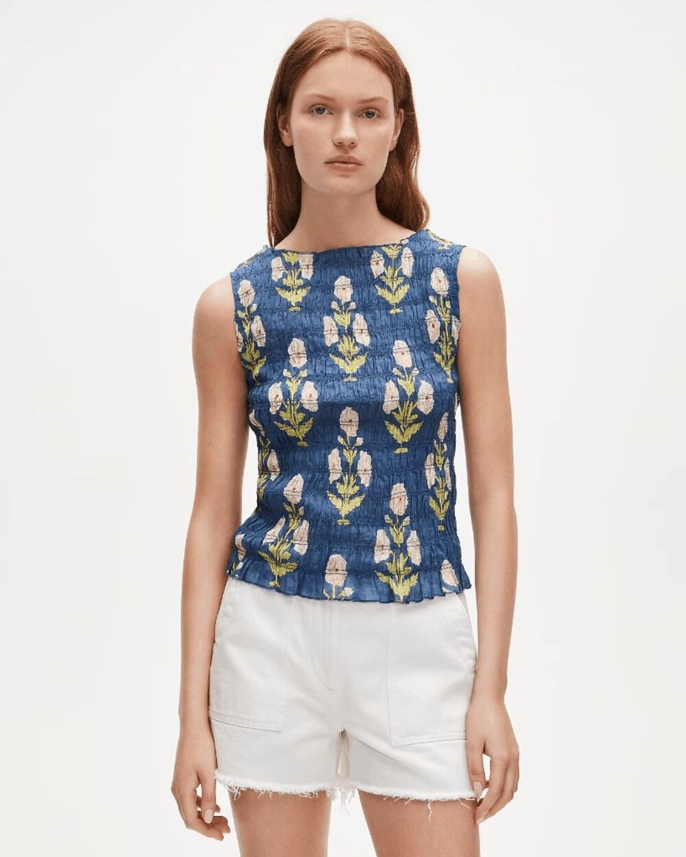 J.Crew True Navy Marigold Floral Sleeveless Smocked Shell Top Women's Size Large